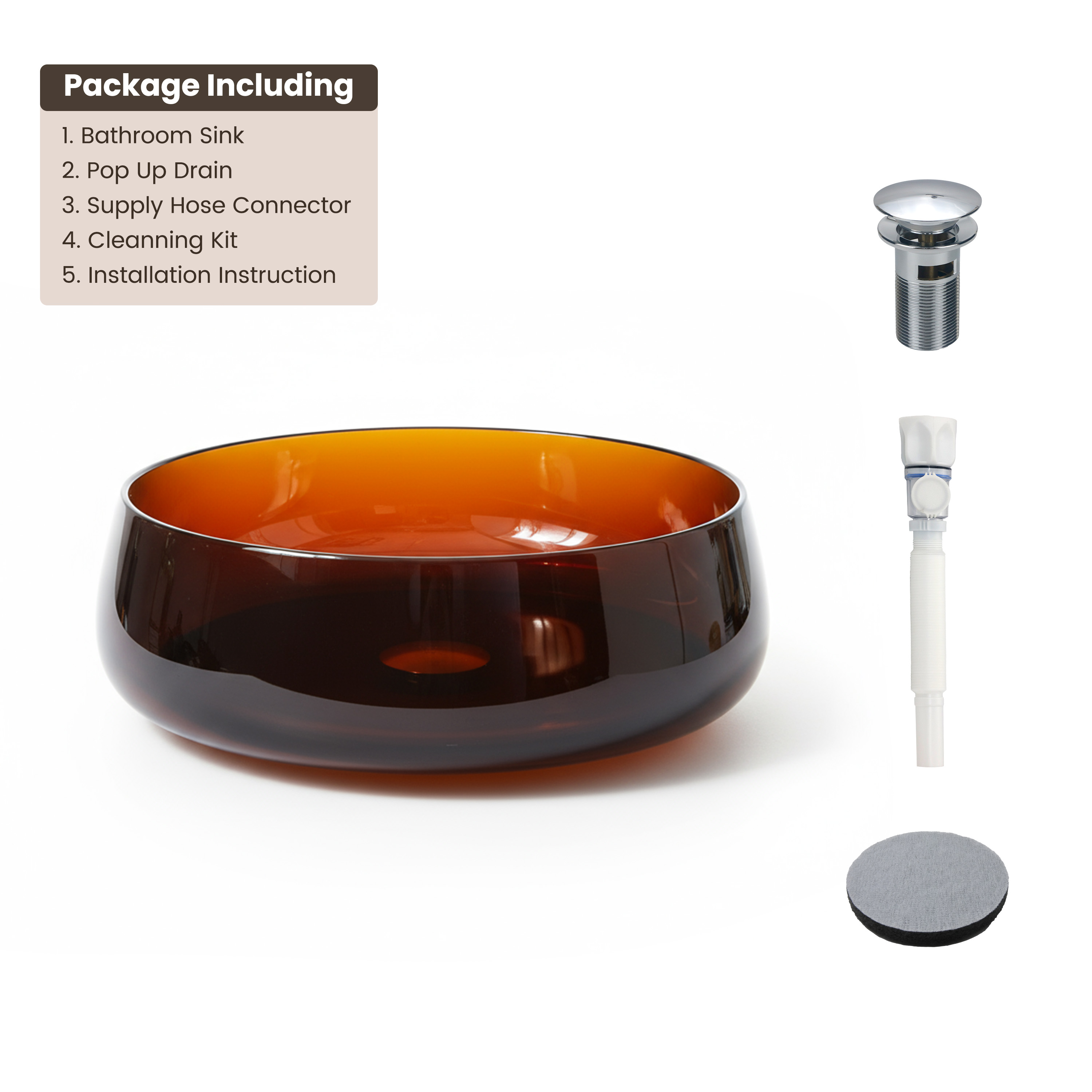 17.7" Round Transparent Resin Bathroom Vessel Sink with Drainer