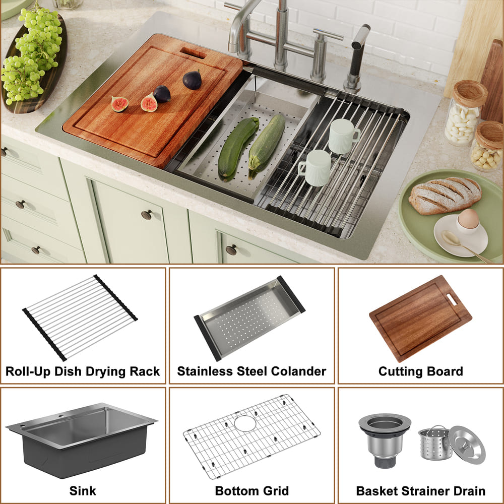 33inch 4-Hole Single Bowl Stainless Steel Drop-in Workstation Kitchen Sink with Accessories
