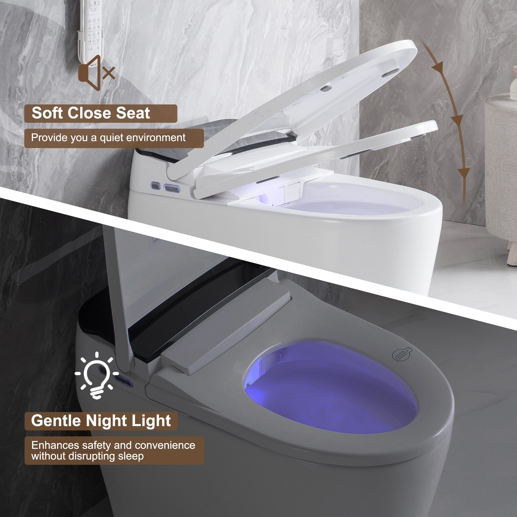 Smart Elongated Toilet with Built-in Heated Bidet Seat & Side Button
