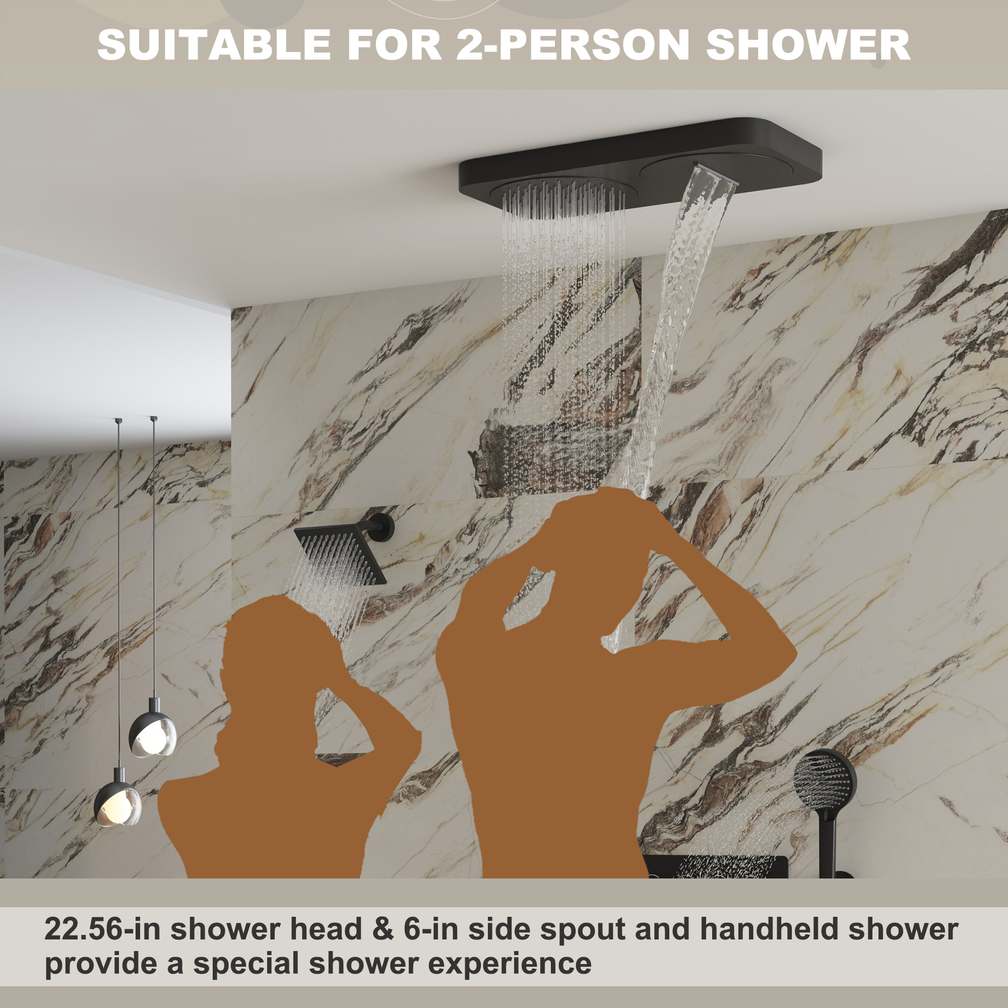 22.56" x 11.22" Flush-Mounted 4-Function Thermostatic Dual Shower Head System