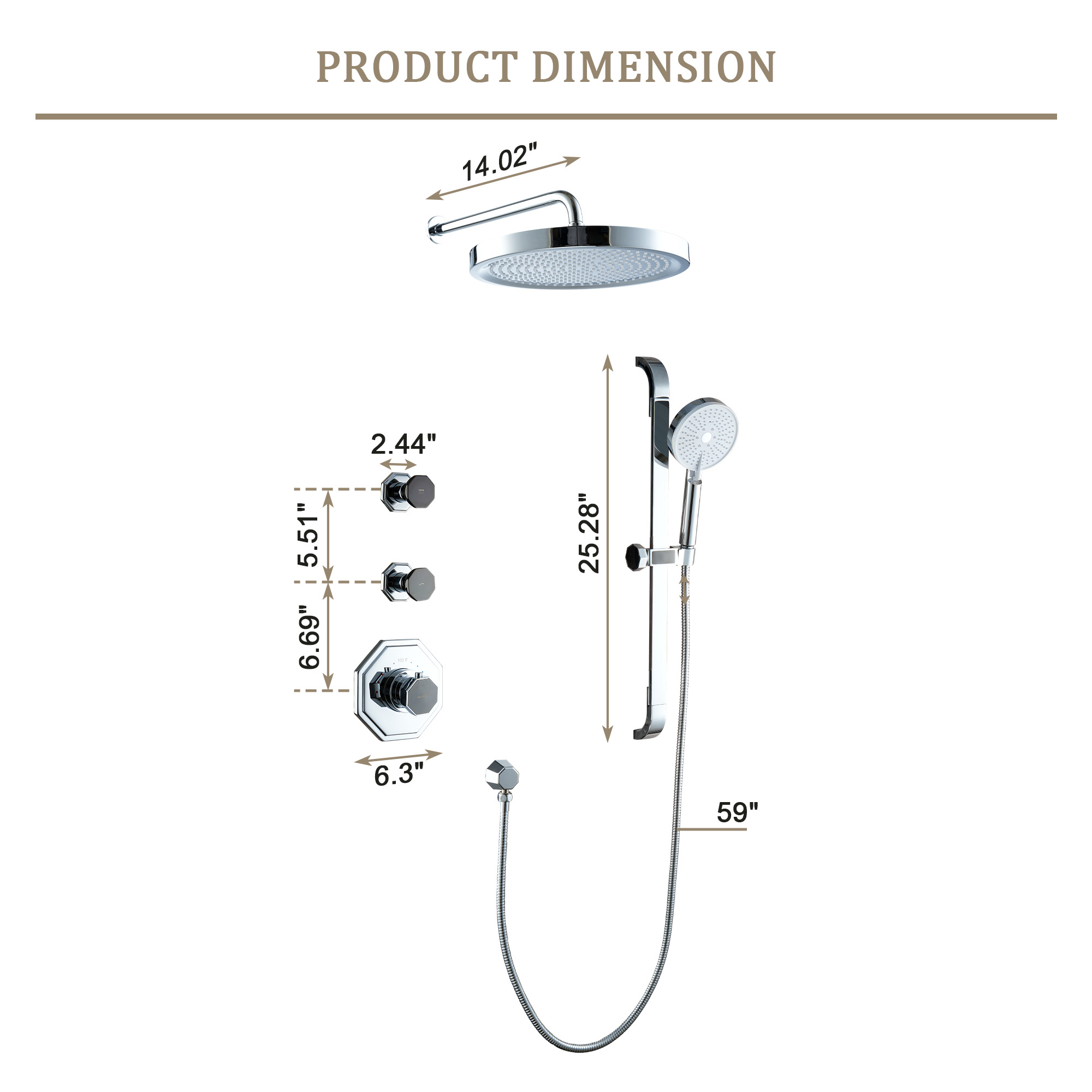 12" Rainfall Thermostatic Shower System with 3-Function Hand Shower - OCTAGON