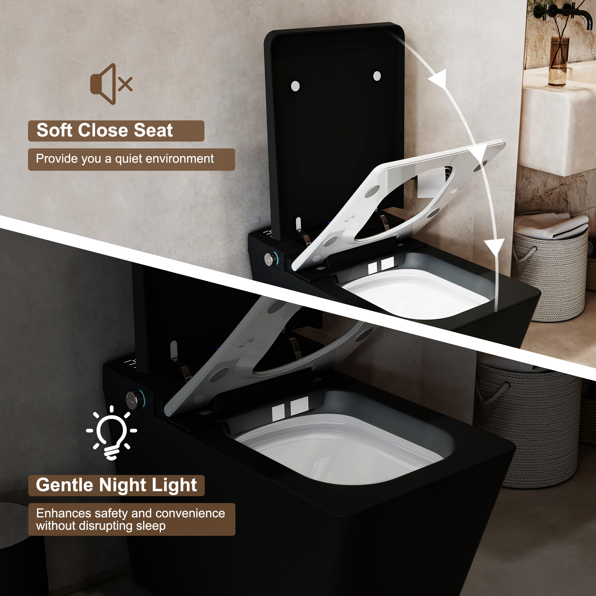 Black & White Smart Built-in Tank Bidet Toilet with Foot-Touch Lid Opening