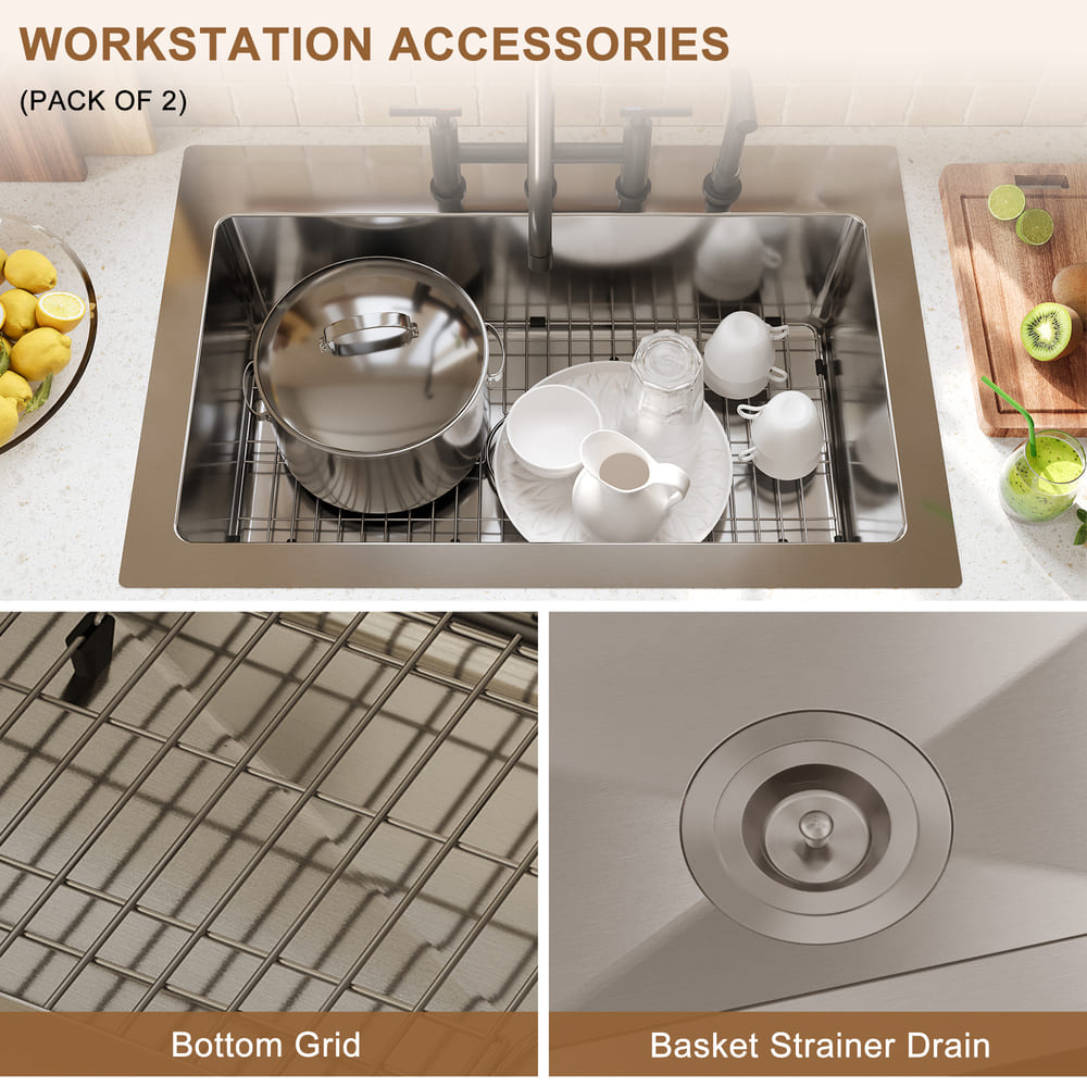 [Copy]33inch 3-Hole Single Bowl Stainless Steel Drop-in Workstation Kitchen Sink with Accessories