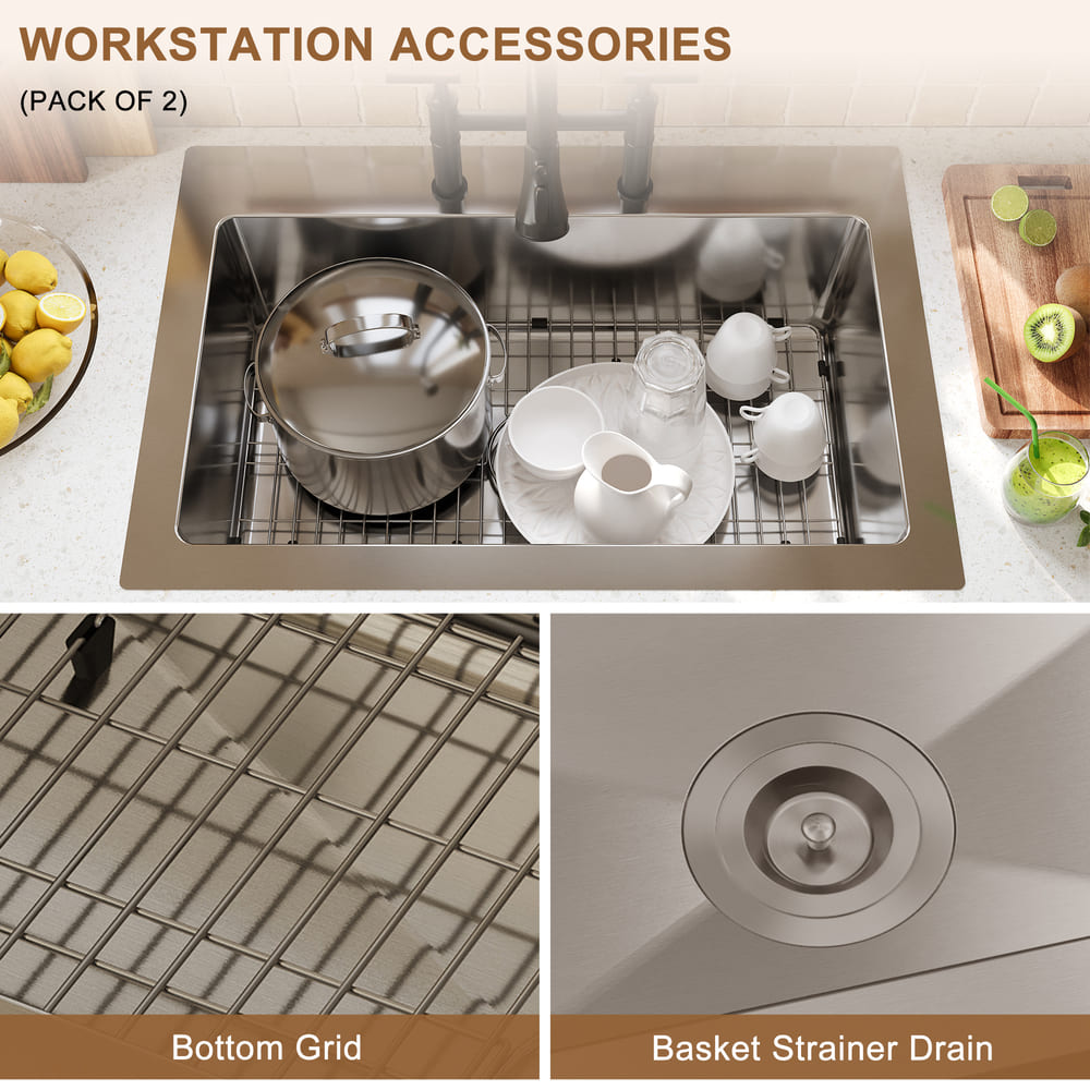 [Copy]33inch 3-Hole Single Bowl Stainless Steel Drop-in Workstation Kitchen Sink with Accessories