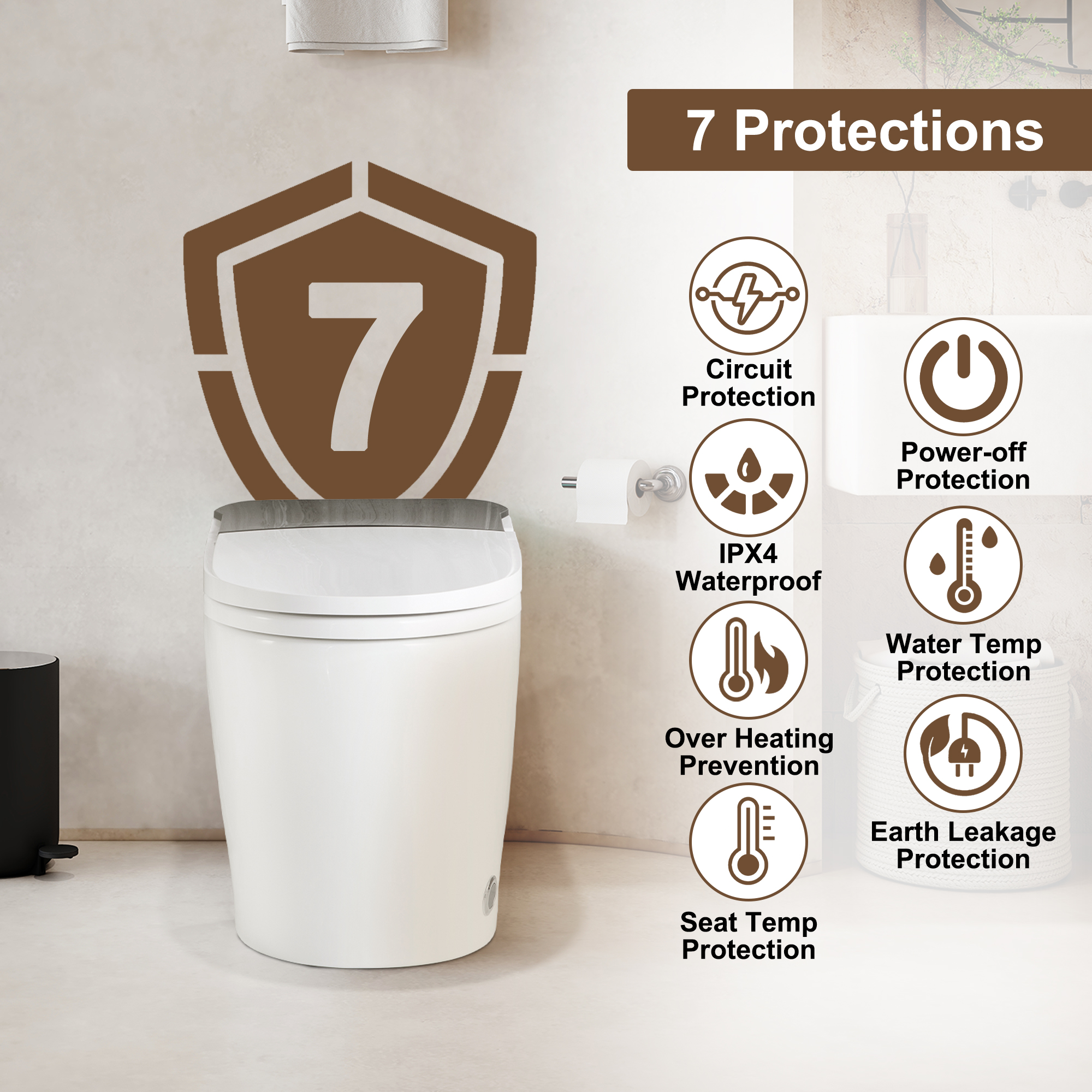 Smart Elongated Toilet with Built-in Heated Bidet Seat & Side Button