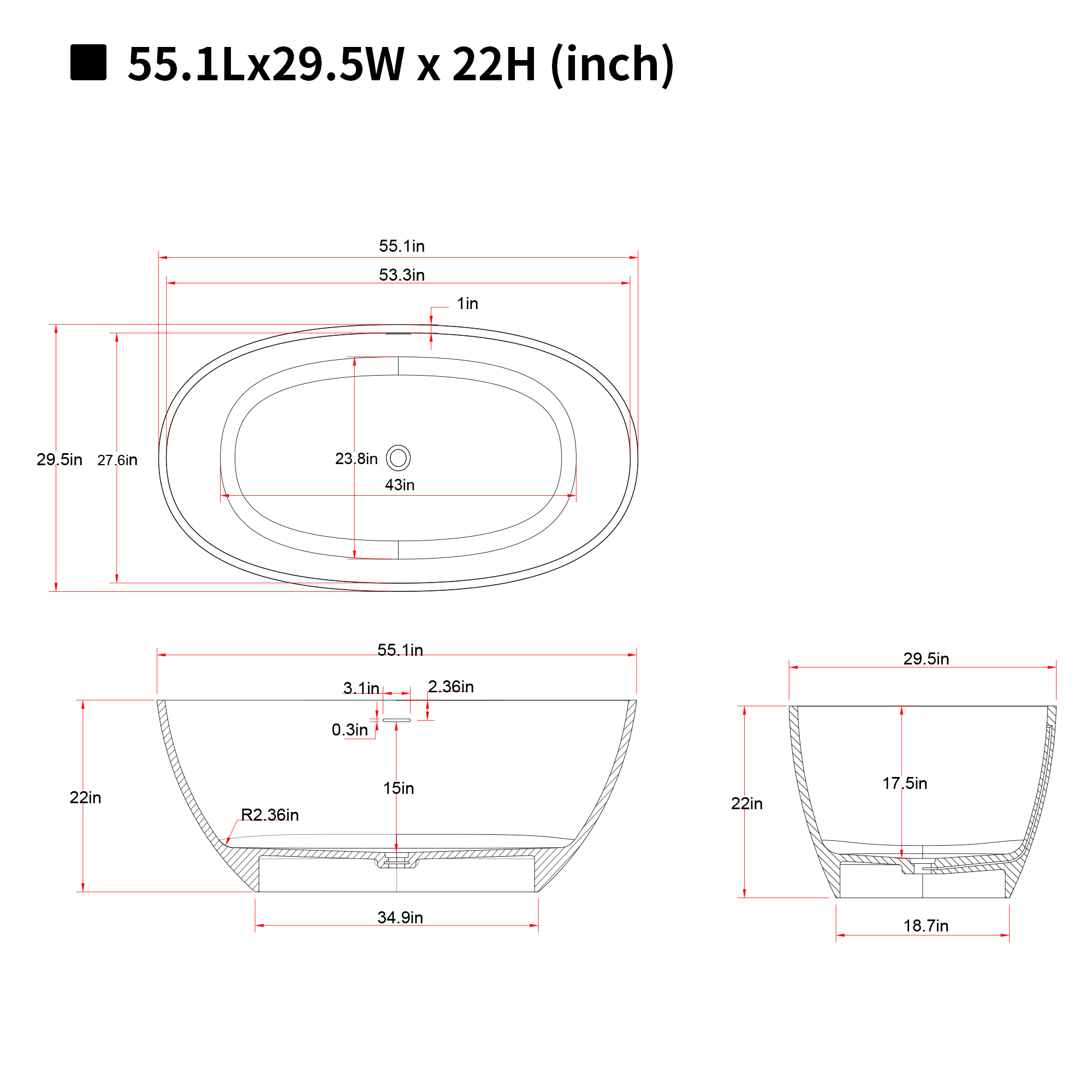 55" Freestanding Bathtub Resin Stone Soaking Bathtub Solid Surface Modern Tubs with Overflow and Pop-up Drain 