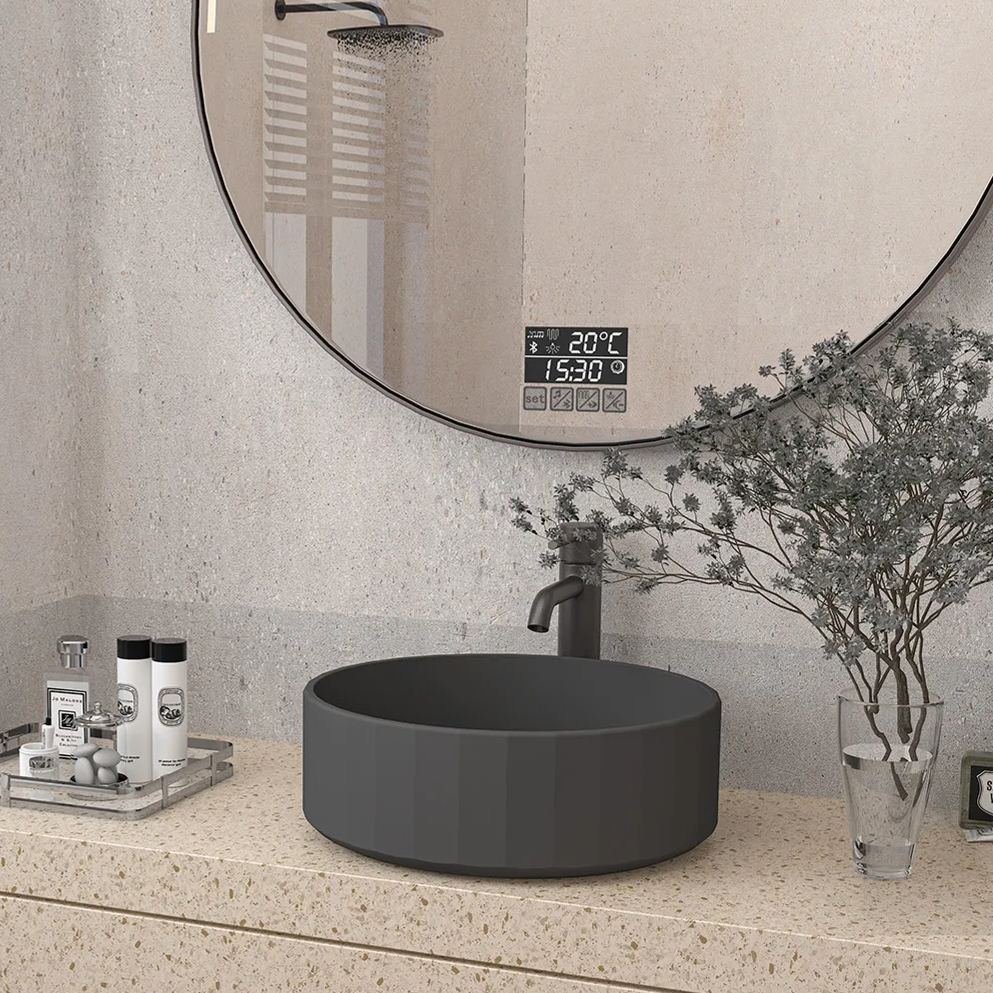CASAINC 17in Bathroom Concrete Round Vessel Snk with Drainer in Black Earth / Mottled Bluish Grey / Taupe Clay