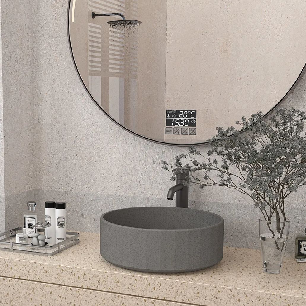 CASAINC 17in Bathroom Concrete Round Vessel Snk with Drainer in Black Earth / Mottled Bluish Grey / Taupe Clay