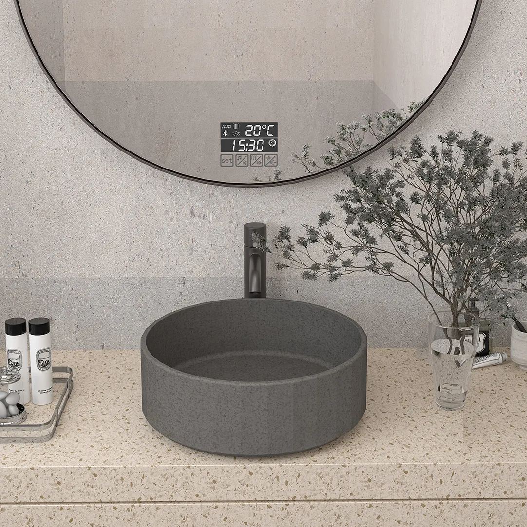 CASAINC 17in Bathroom Concrete Round Vessel Snk with Drainer in Black Earth / Mottled Bluish Grey / Taupe Clay