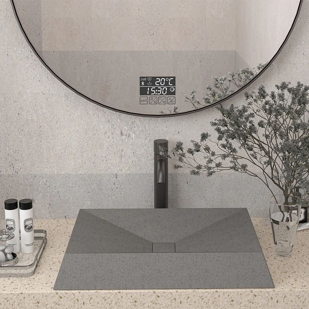 CASAINC 27in Bathroom Concrete Rectangular Vessel Snk with Drainer in Mottled Bluish Grey / Black Earth / Taupe Clay