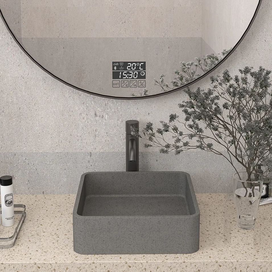 CASAINC 15in Bathroom Concrete Square Vessel Snk with Drainer in Mottled Bluish Grey / Cold Concrete Grey / Taupe Clay