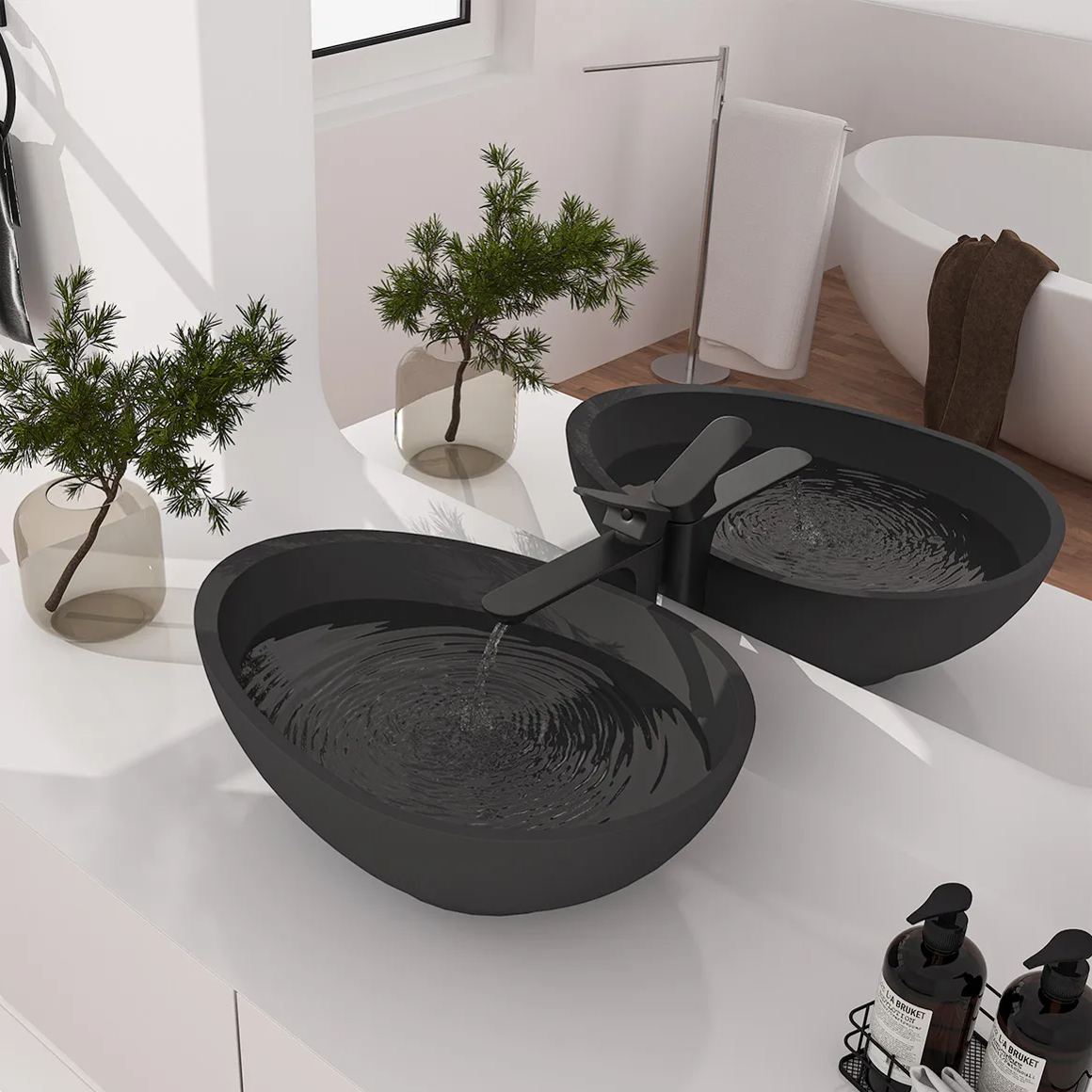 CASAINC 21in Bathroom Egg-shaped Concrete Vessel Sink With Drainer in Black Earth / Mottled Bluish Grey / Blue Ashes