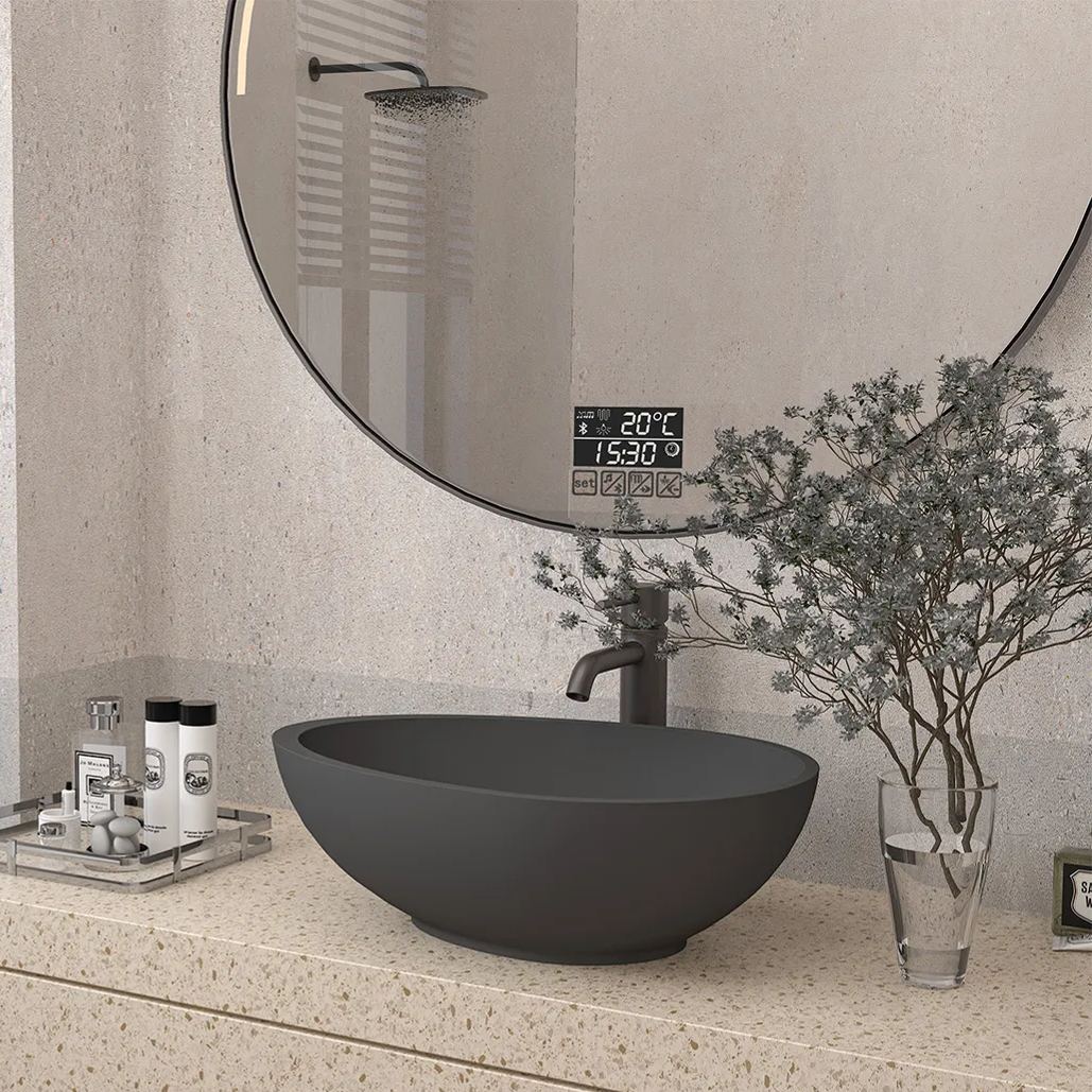 21in Bathroom Egg shaped Concrete Vessel Sink With Drainer in Black Earth Mottled Bluish Grey Blue Ashes