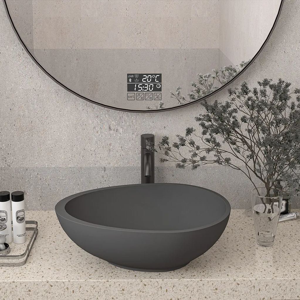 CASAINC 21in Bathroom Egg-shaped Concrete Vessel Sink With Drainer in Black Earth / Mottled Bluish Grey / Blue Ashes