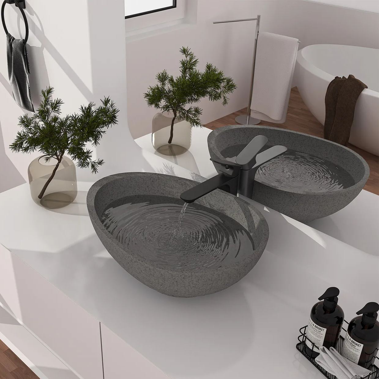 CASAINC 21in Bathroom Egg-shaped Concrete Vessel Sink With Drainer in Black Earth / Mottled Bluish Grey / Blue Ashes
