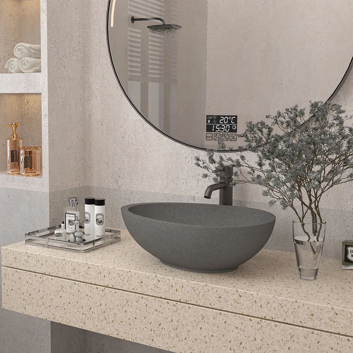 CASAINC 21in Bathroom Egg-shaped Concrete Vessel Sink With Drainer in Black Earth / Mottled Bluish Grey / Blue Ashes