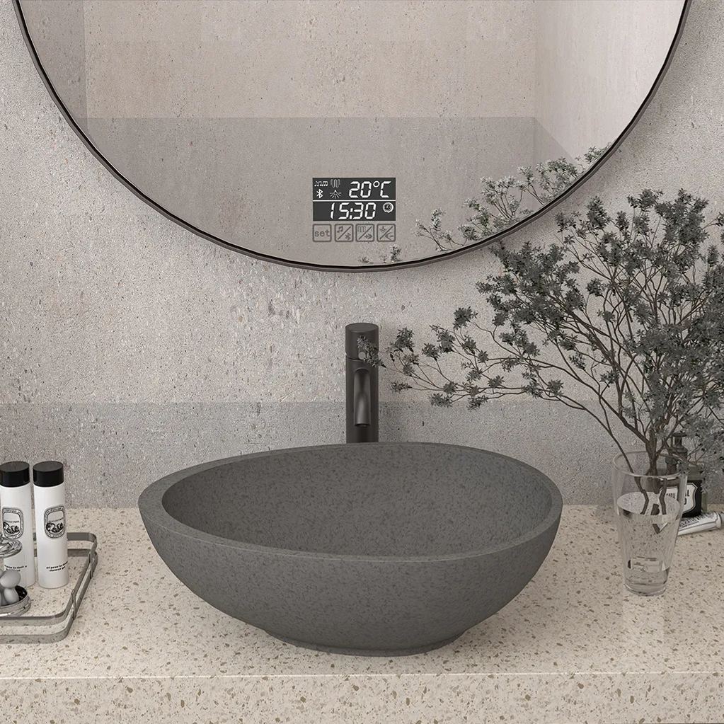 CASAINC 21in Bathroom Egg-shaped Concrete Vessel Sink With Drainer in Black Earth / Mottled Bluish Grey / Blue Ashes