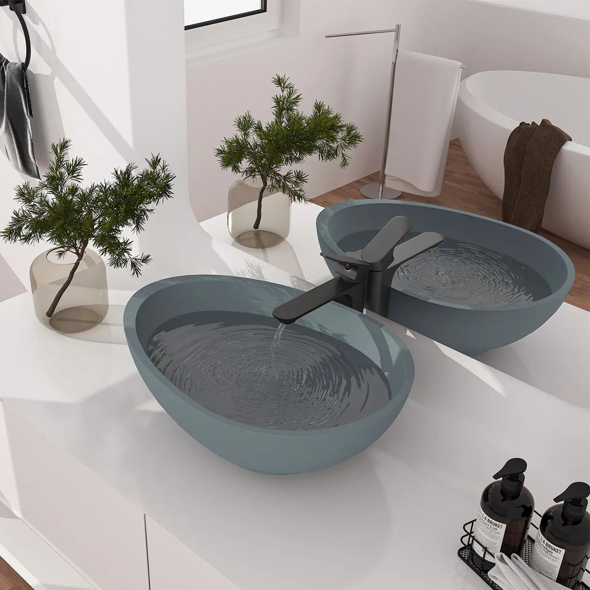 CASAINC 21in Bathroom Egg-shaped Concrete Vessel Sink With Drainer in Black Earth / Mottled Bluish Grey / Blue Ashes