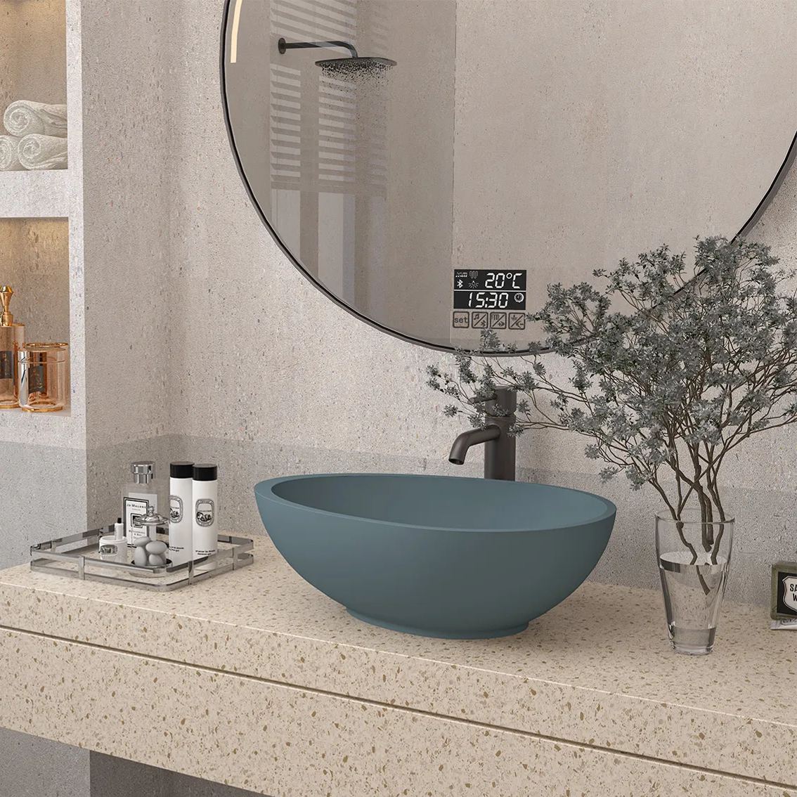 CASAINC 21in Bathroom Egg-shaped Concrete Vessel Sink With Drainer in Black Earth / Mottled Bluish Grey / Blue Ashes