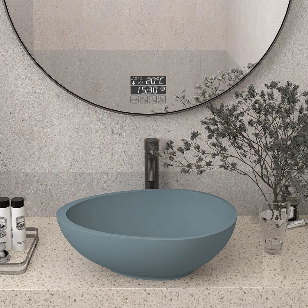 CASAINC 21in Bathroom Egg-shaped Concrete Vessel Sink With Drainer in Black Earth / Mottled Bluish Grey / Blue Ashes