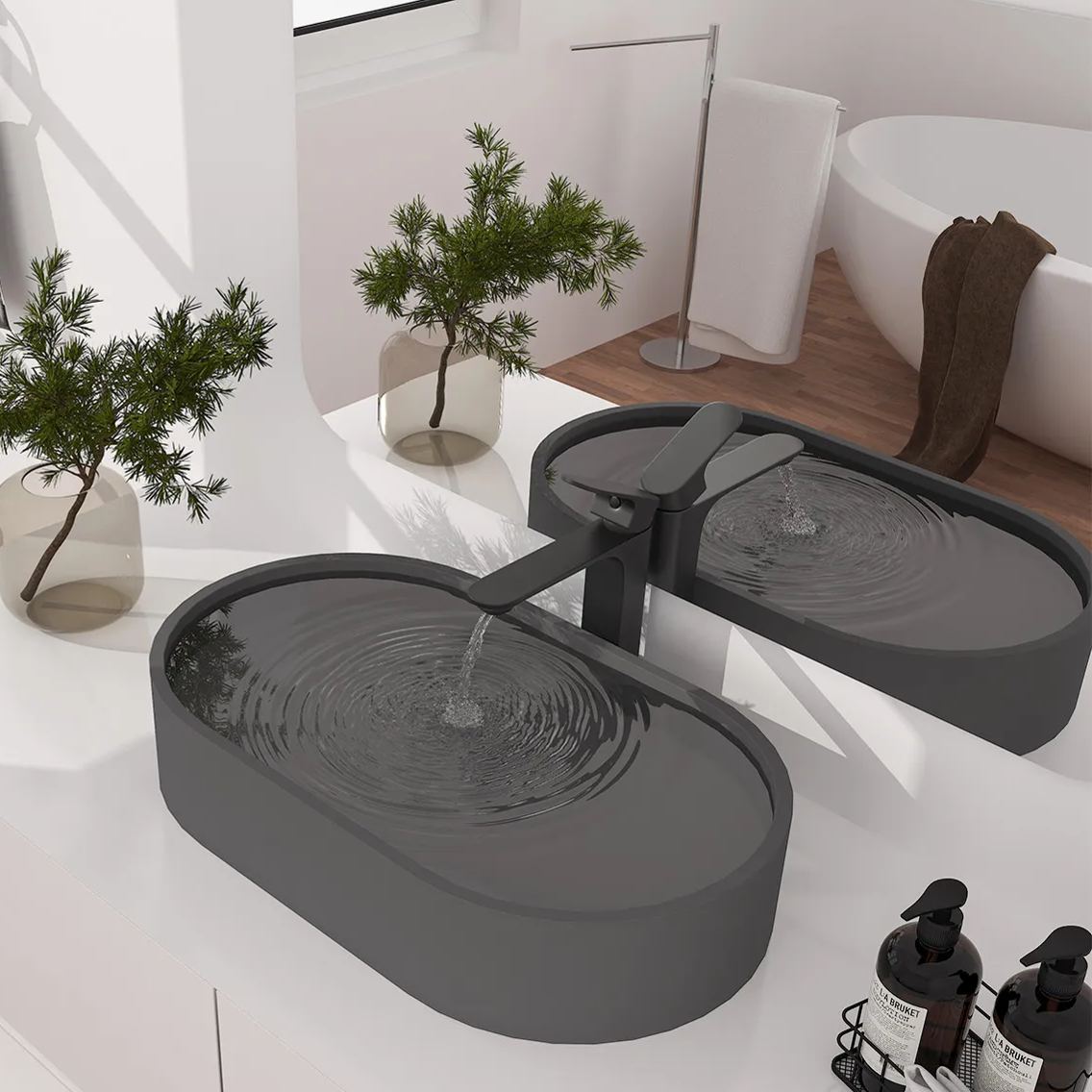 CASAINC 23in Bathroom Concrete Oval Vessel Sink with Drainer in Black Earth / Mottled Bluish Grey / Cold Concrete Grey