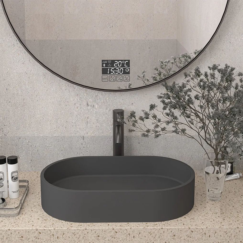 CASAINC 23in Bathroom Concrete Oval Vessel Sink with Drainer in Black Earth / Mottled Bluish Grey / Cold Concrete Grey