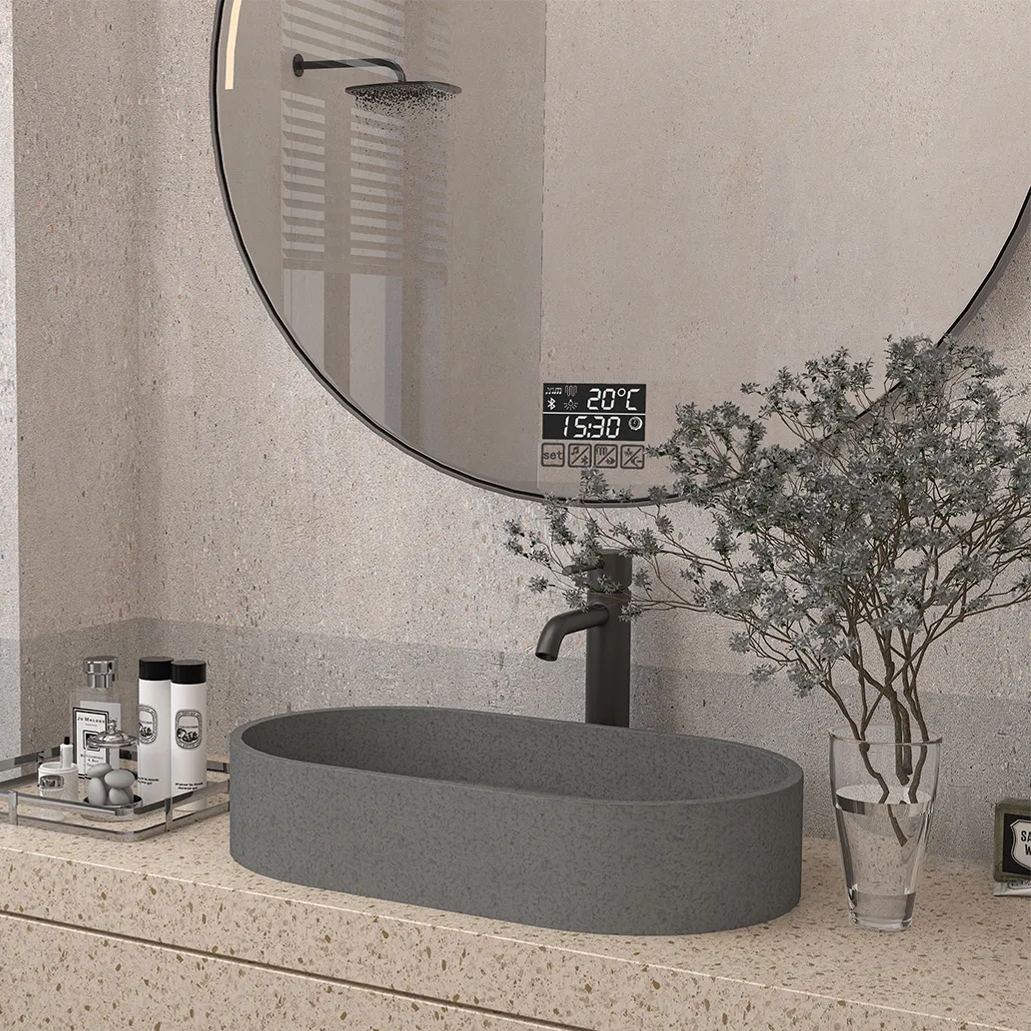 CASAINC 23in Bathroom Concrete Oval Vessel Sink with Drainer in Black Earth / Mottled Bluish Grey / Cold Concrete Grey