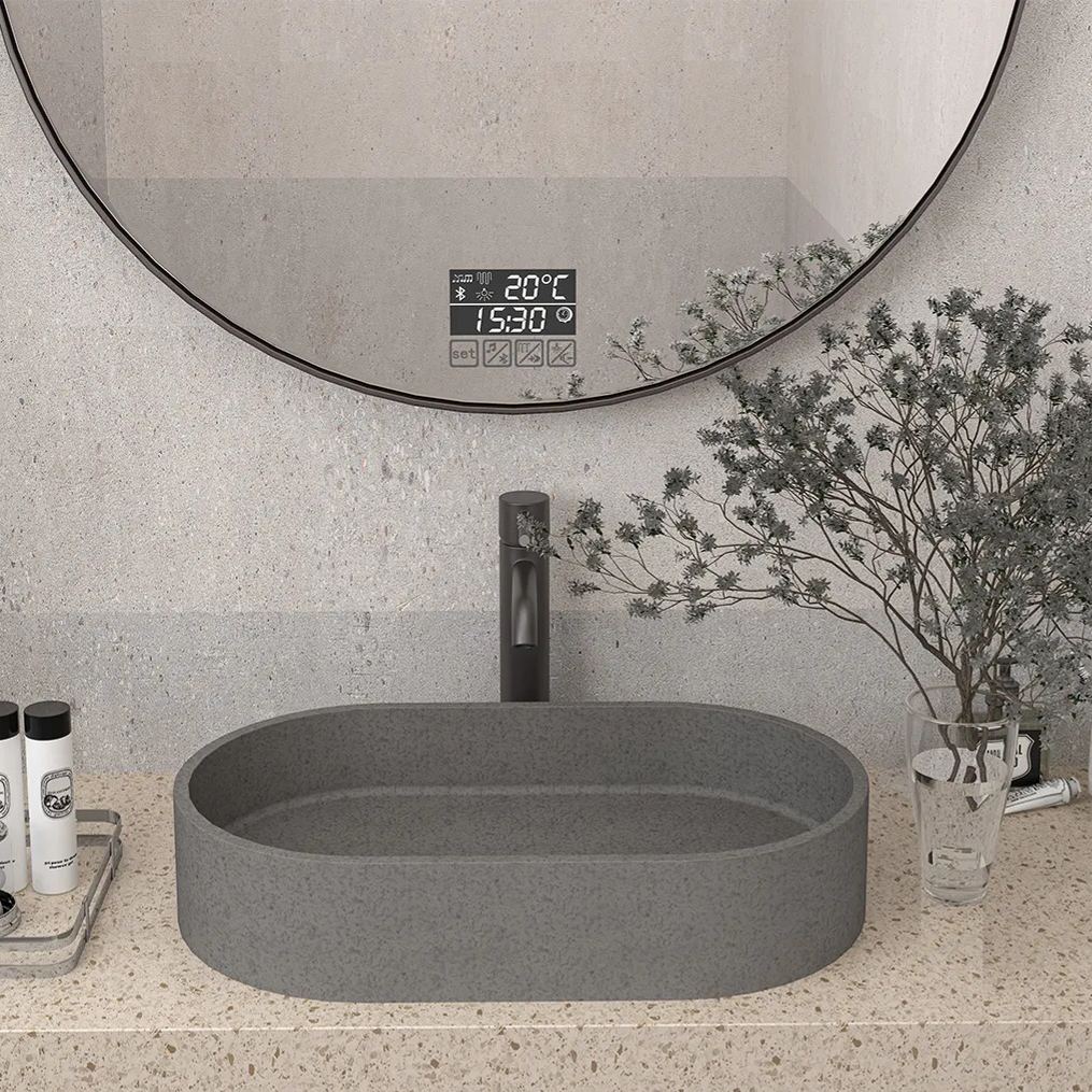 CASAINC 23in Bathroom Concrete Oval Vessel Sink with Drainer in Black Earth / Mottled Bluish Grey / Cold Concrete Grey