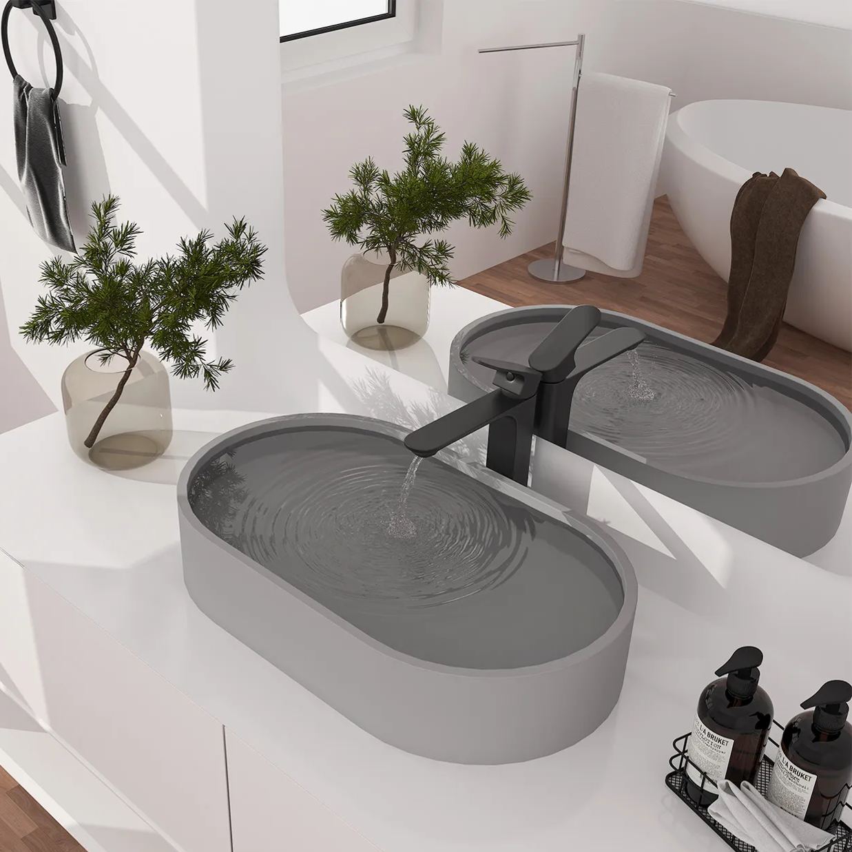 CASAINC 23in Bathroom Concrete Oval Vessel Sink with Drainer in Black Earth / Mottled Bluish Grey / Cold Concrete Grey