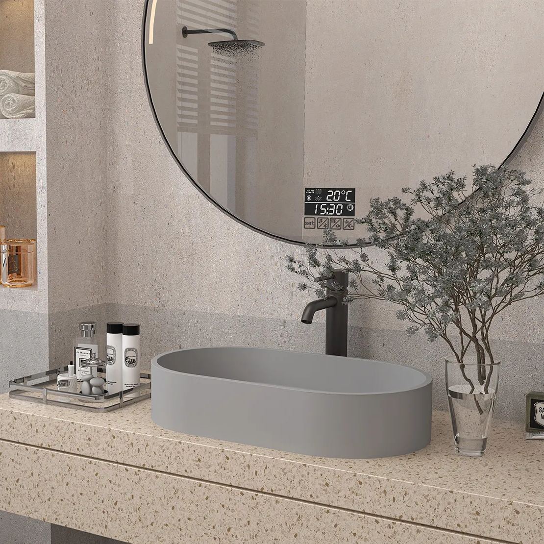 CASAINC 23in Bathroom Concrete Oval Vessel Sink with Drainer in Black Earth / Mottled Bluish Grey / Cold Concrete Grey