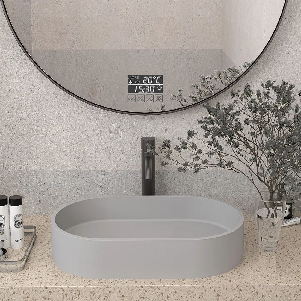 CASAINC 23in Bathroom Concrete Oval Vessel Sink with Drainer in Black Earth / Mottled Bluish Grey / Cold Concrete Grey