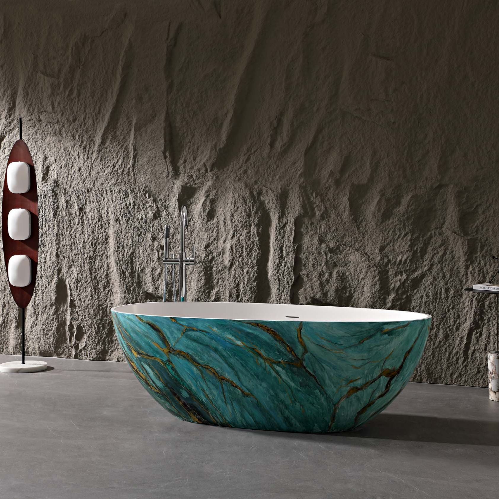65” Freestanding Oval Solid Surface Soaking Bathtub in Emerald-Green with Center Drain & Overflow
