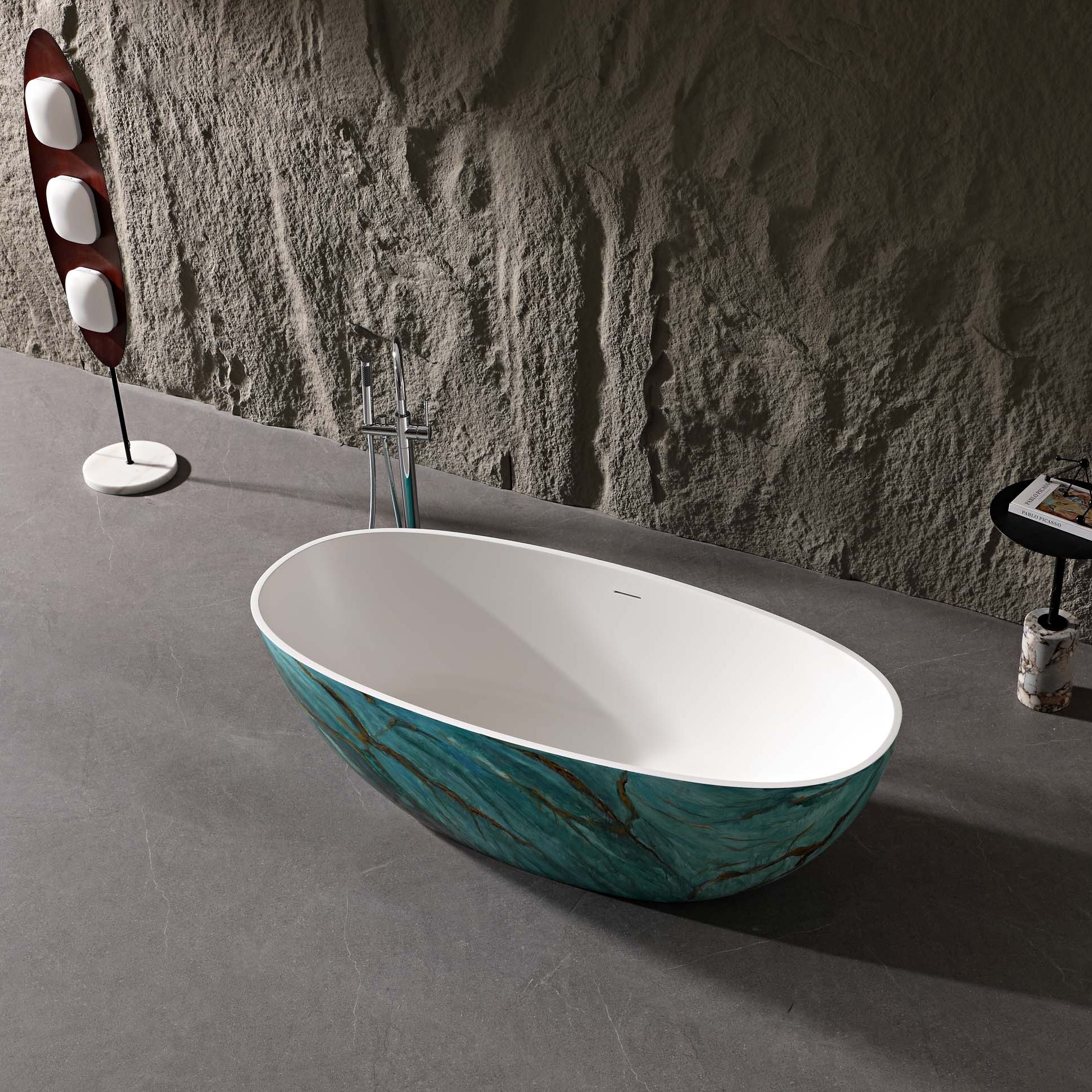 65” Freestanding Oval Solid Surface Soaking Bathtub in Emerald-Green with Center Drain & Overflow