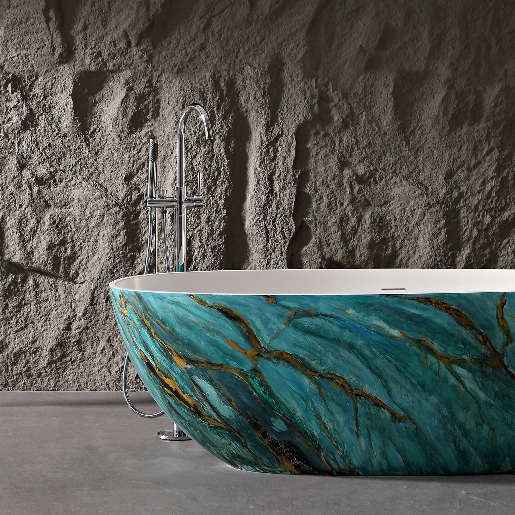 65” Freestanding Oval Solid Surface Soaking Bathtub in Emerald-Green with Center Drain & Overflow