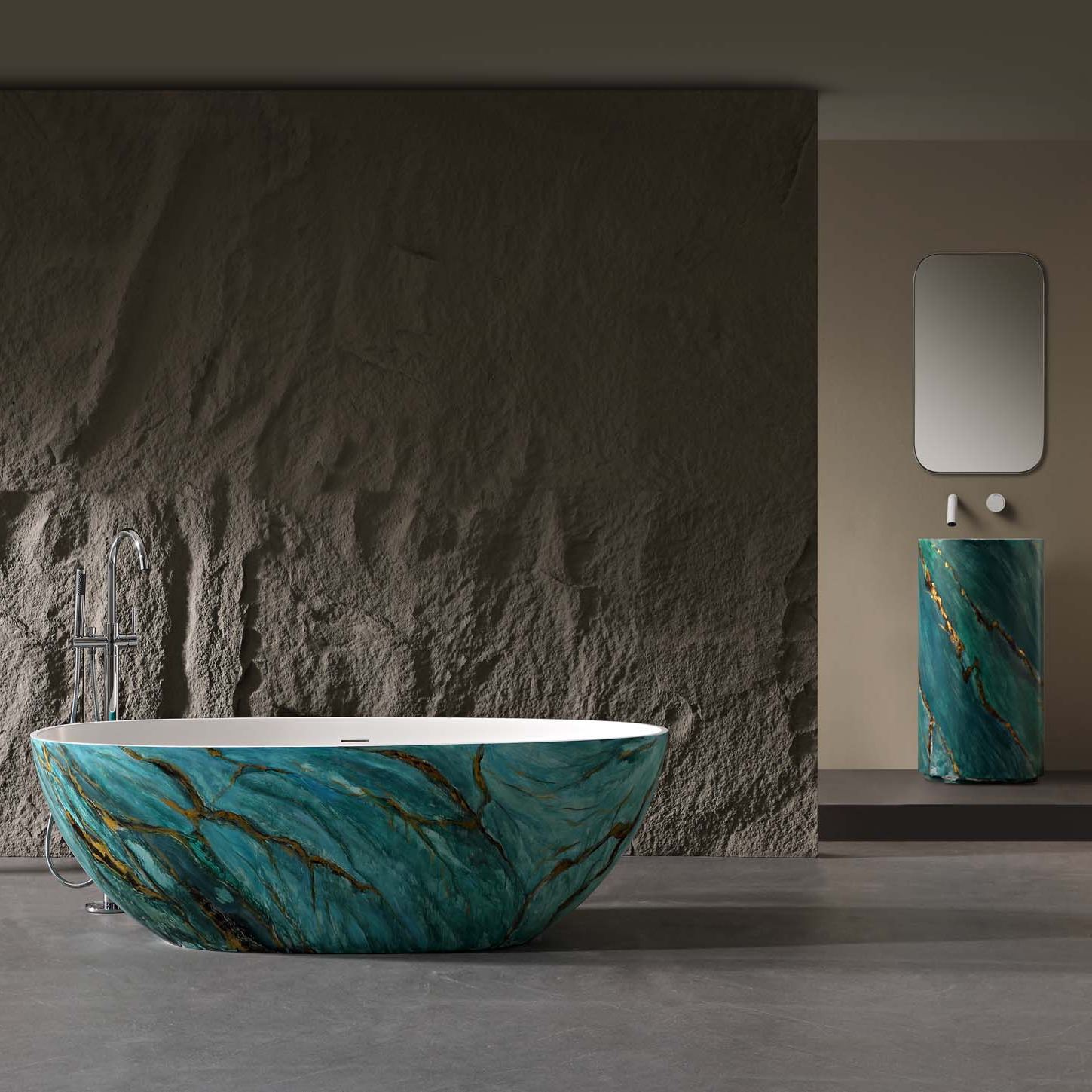 65” Freestanding Oval Solid Surface Soaking Bathtub in Emerald-Green with Center Drain & Overflow