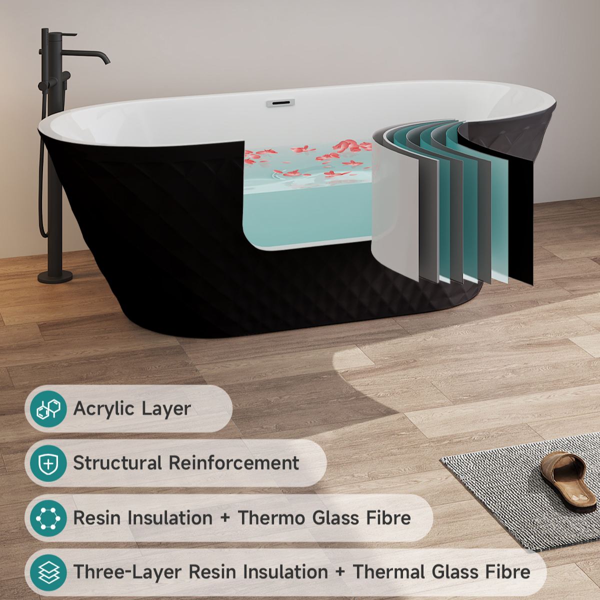 67" Acrylic Freestanding Oval Bathtub with Unique Diamond Pattern Design