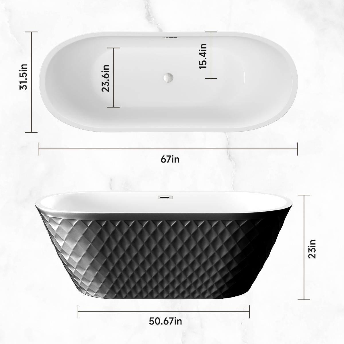67" Acrylic Freestanding Oval Bathtub with Unique Diamond Pattern Design