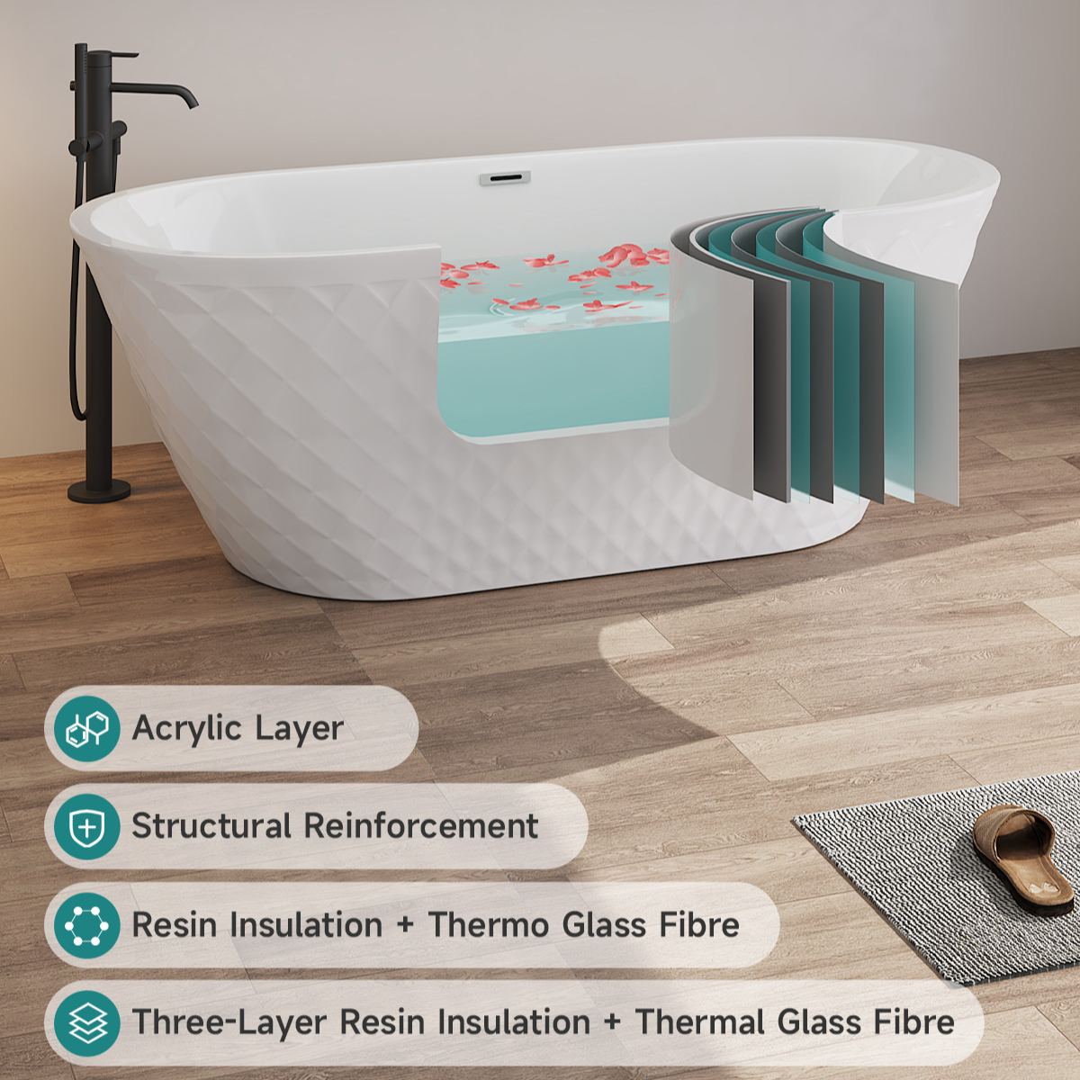 67" Acrylic Freestanding Oval Bathtub with Unique Diamond Pattern Design