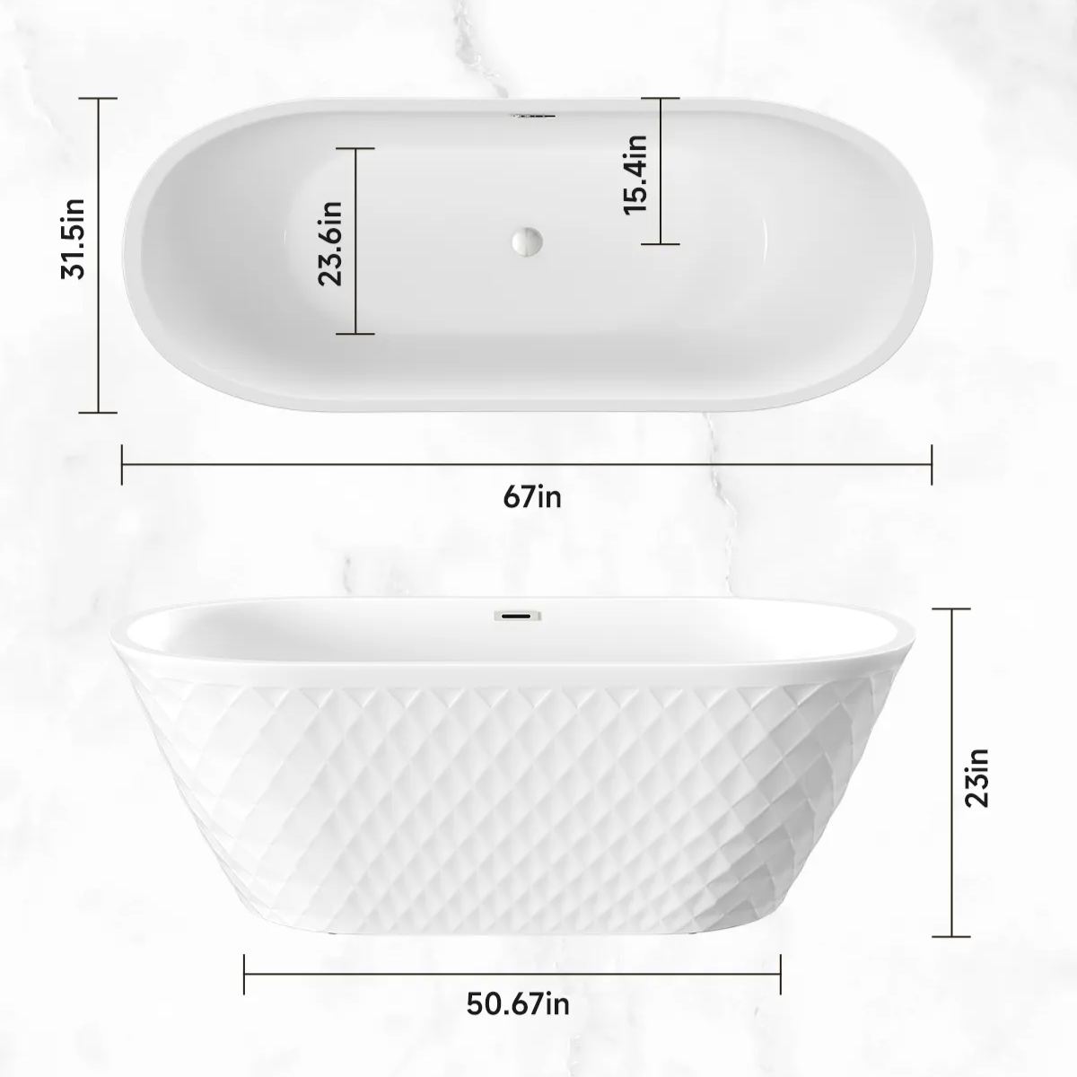 67" Acrylic Freestanding Oval Bathtub with Unique Diamond Pattern Design