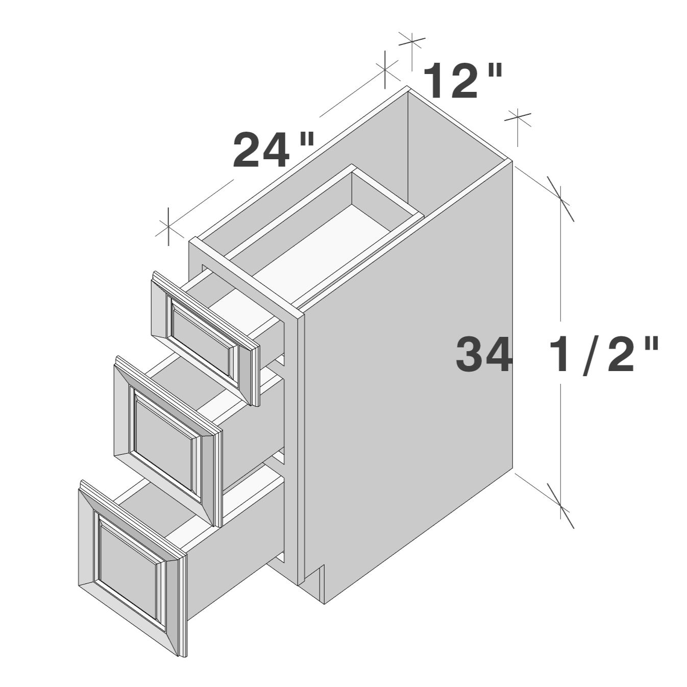Dark Caramel RTA 12"W x 24"D x 34.5"H Base Cabinet with 3 Drawers