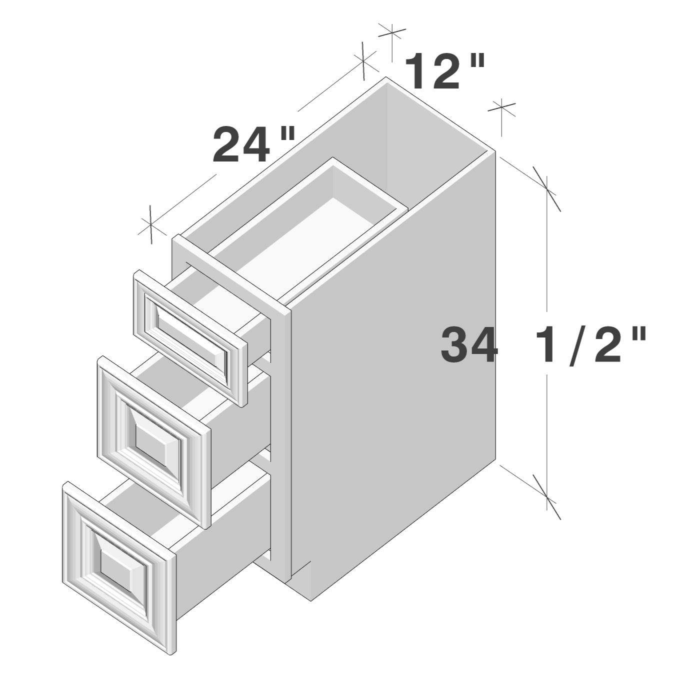 Pearl White RTA 12"W x 24"D x 34.5"H Base Cabinet with 3 Drawers