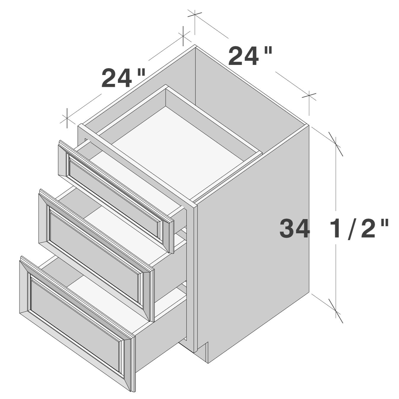 Dark Caramel RTA 24"W x 24"D x 34.5"H Base Cabinet with 3 Drawers