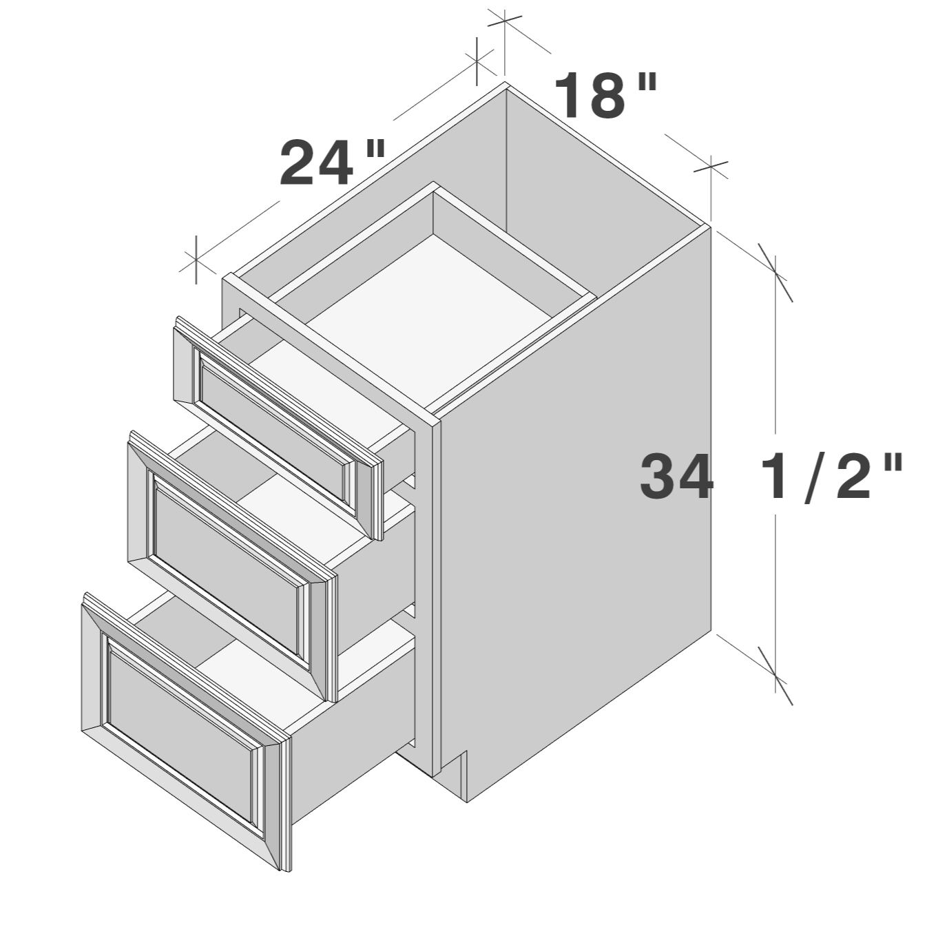 Dark Caramel RTA 18"W x 24"D x 34.5"H Base Cabinet with 3 Drawers