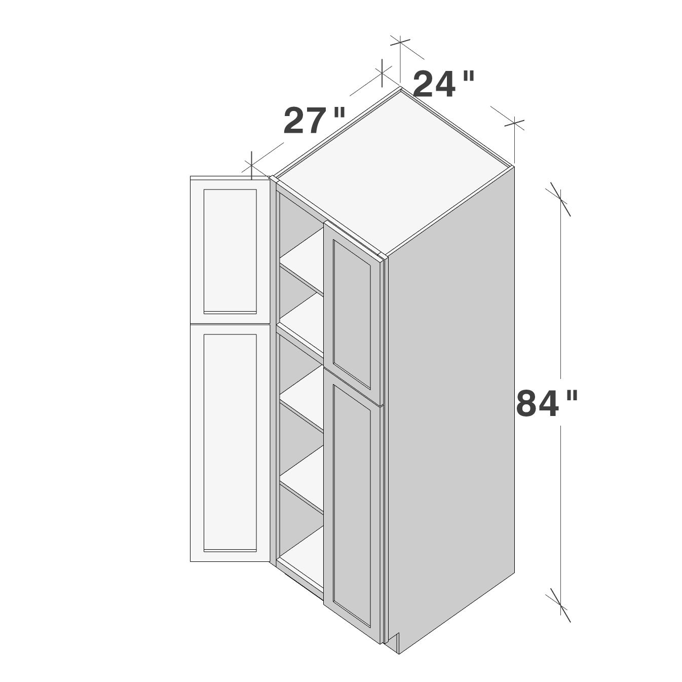 Dove Grey RTA 24"W x 27"D x 84"H Tall Pantry Cabinet with 4 Doors and 4 Shelves