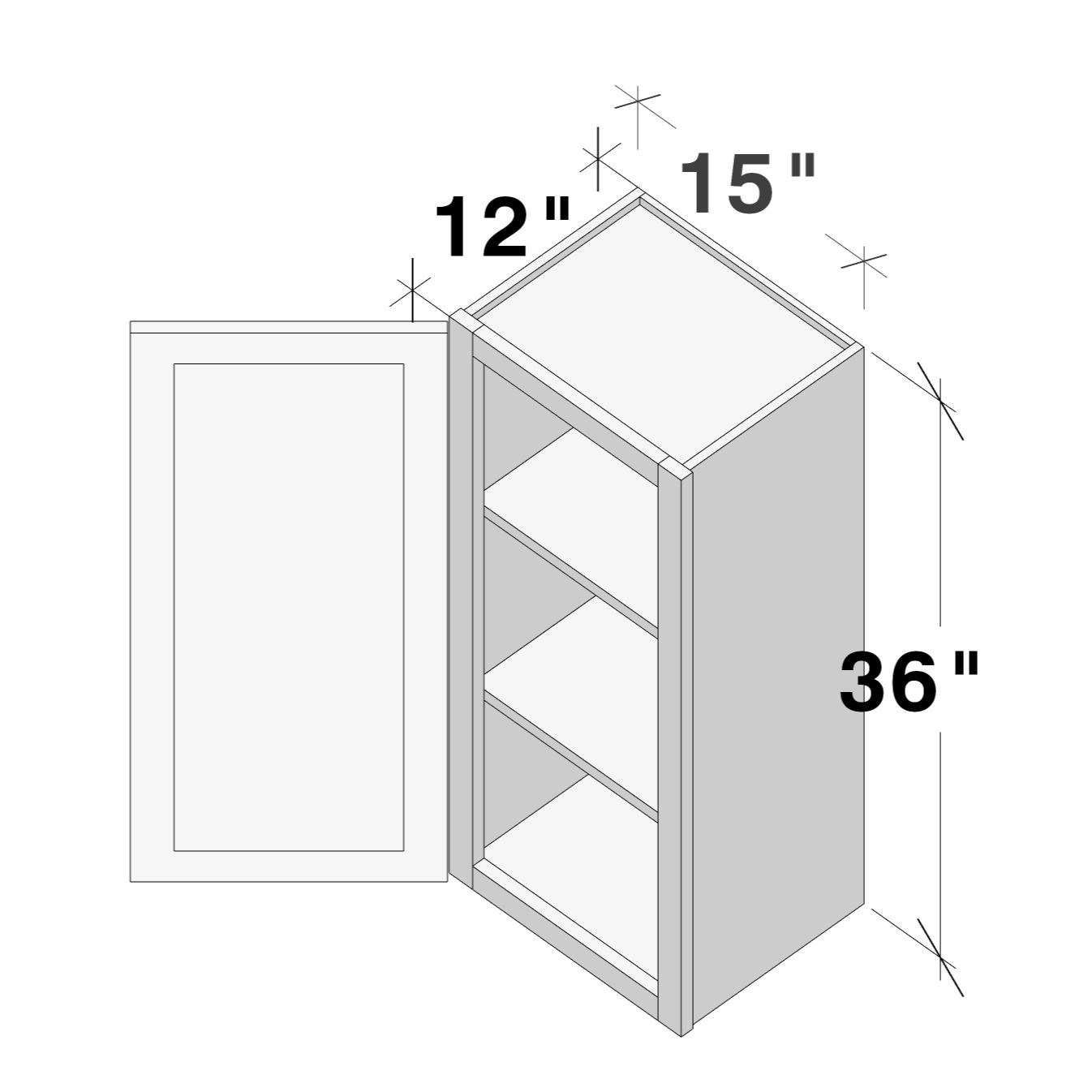 Dove Grey RTA 15"W x 12"D x 36"H Standard Wall Cabinet with 1 Door and 2 Shelves