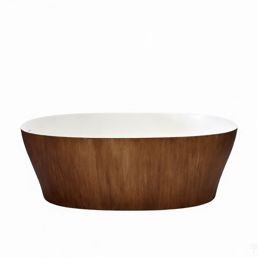 63" Wood Grain Solid Surface Freestanding Bathtub with Ergonomic Back Support