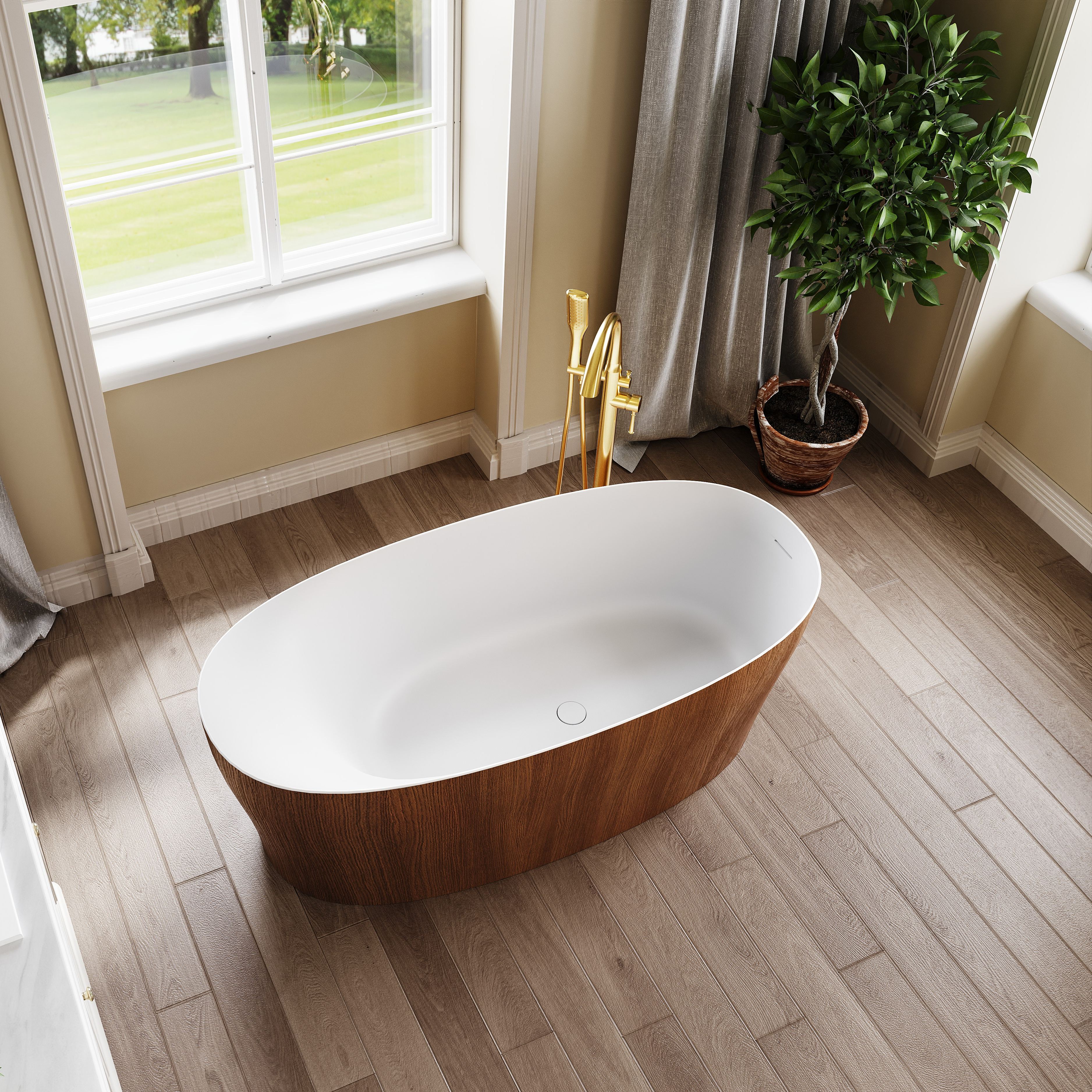 63" Wood Grain Solid Surface Freestanding Bathtub with Ergonomic Back Support