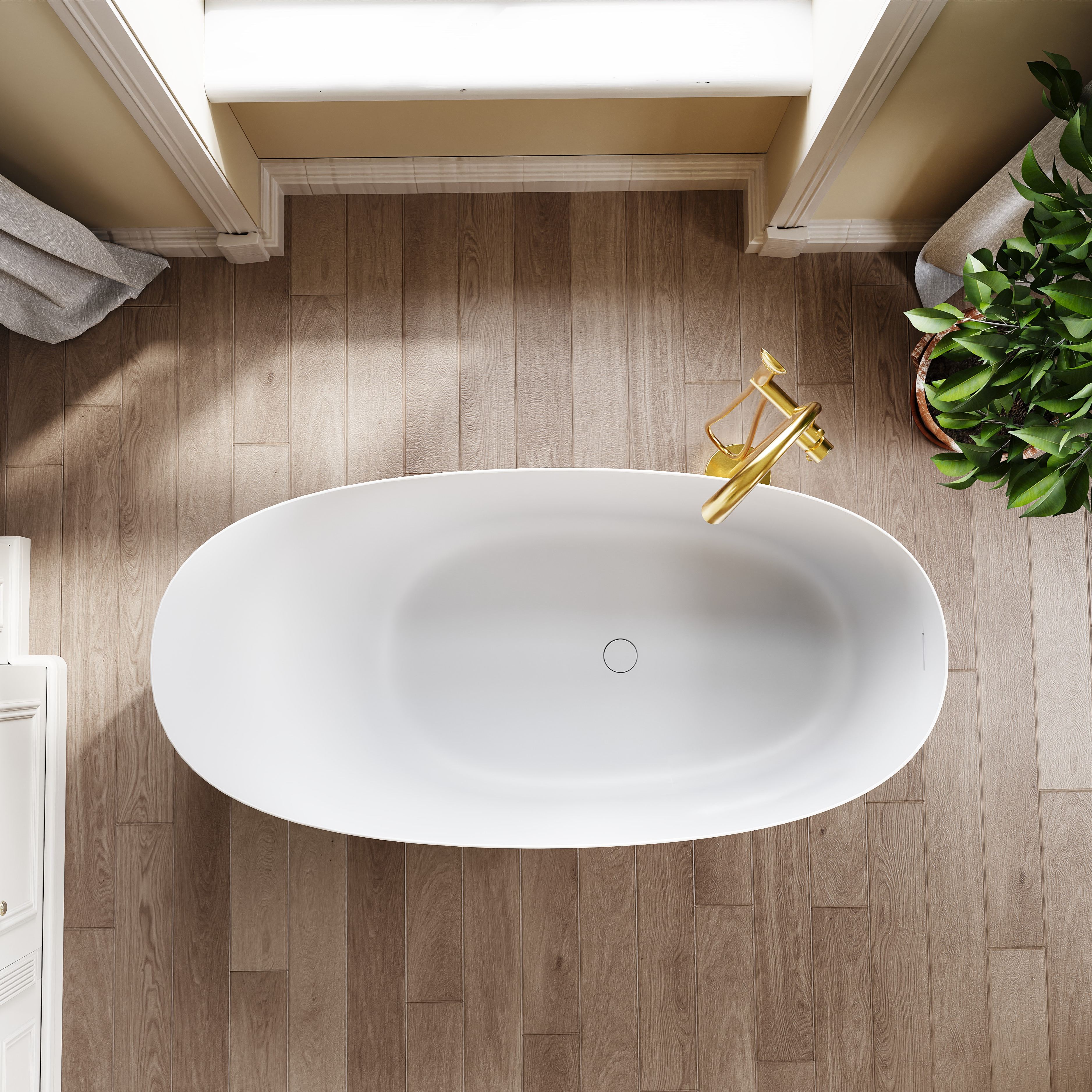 63" Wood Grain Solid Surface Freestanding Bathtub with Ergonomic Back Support