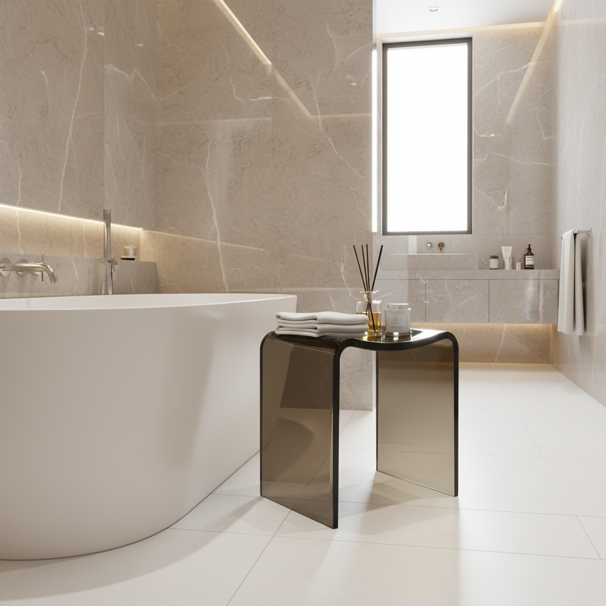 Resin Stone Freestanding Shower Stool with Gently Curved Seat