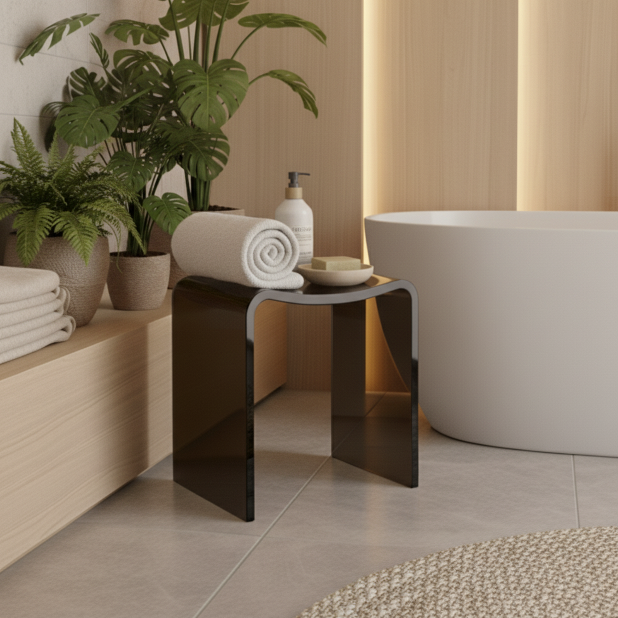Resin Stone Freestanding Shower Stool with Gently Curved Seat